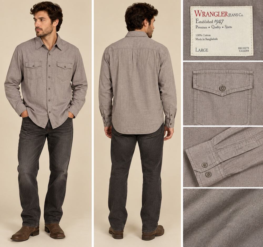 Wrangler Jeans Co Mens Large Gray Cotton Chambray Western Button Up Shirt L